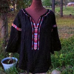 Wild Majesty Black Boho Blouse VNeck Embroidered Front, Neckline & On Bell Sleev